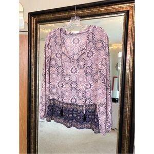 DR2 Long Sleeve Blouse Mandala Geometric Boho Floral Pattern With Tassels Purple